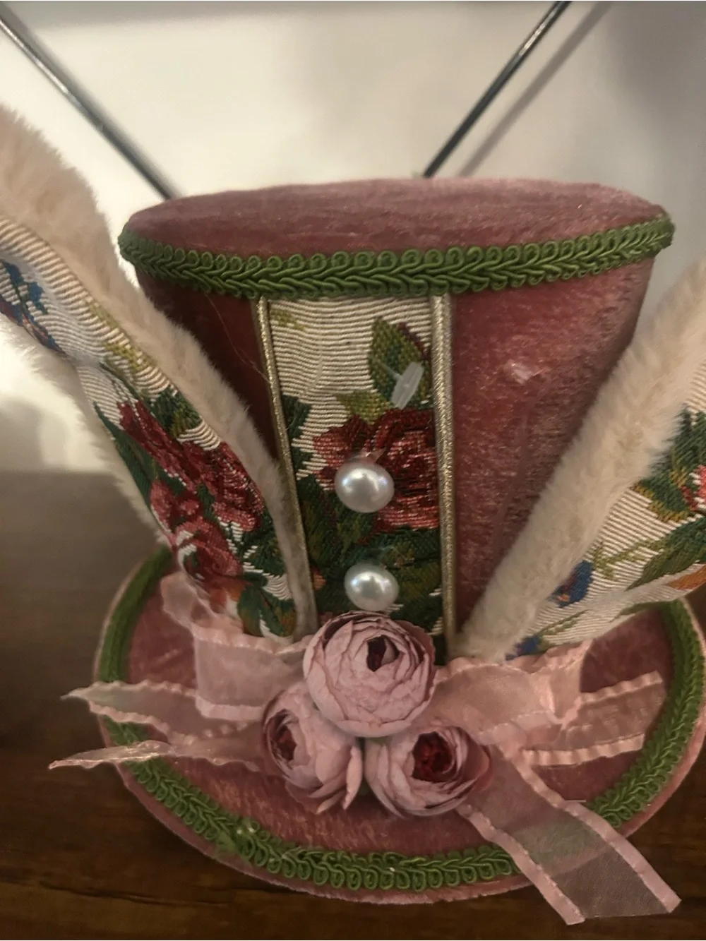 Pink Velvet Floral Mini Top Hat with Ribbon Roses